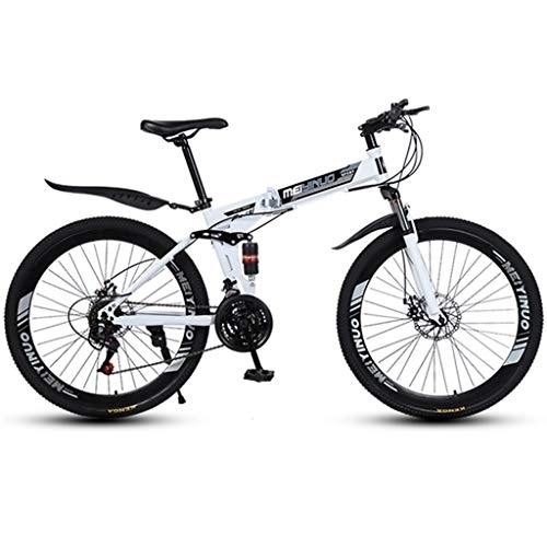 Folding Bike : Dsrgwe Folding Mountain Bike, Full Suspension MTB Bicycles, Dual Suspension and Dual Disc Brake, 26inch Spoke Wheels (Color : White, Size : 21-speed)