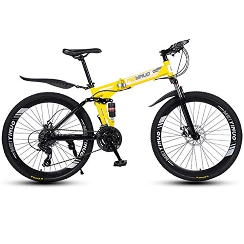 Folding Bike : Dsrgwe Folding Mountain Bike, Full Suspension MTB Bicycles, Dual Suspension and Dual Disc Brake, 26inch Spoke Wheels (Color : Yellow, Size : 27-speed)