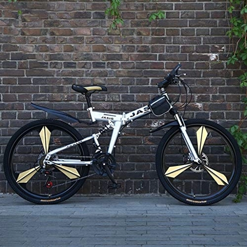 Folding Bike : Dsrgwe Mountain Bike, 26inch Folding Carbon Steel Frame Hardtail Bike, Full Suspension and Dual Disc Brake, 21 Speed (Color : Silver)