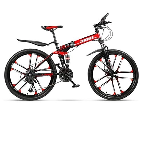 Folding Bike : Dsrgwe Mountain Bike, Folding Carbon Steel Frame Hardtail Bike, Full Suspension and Dual Disc Brake, 26inch Wheels (Color : Red, Size : 27 Speed)