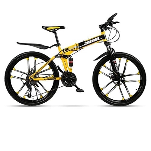 Folding Bike : Dsrgwe Mountain Bike, Folding Carbon Steel Frame Hardtail Bike, Full Suspension and Dual Disc Brake, 26inch Wheels (Color : Yellow, Size : 24 Speed)