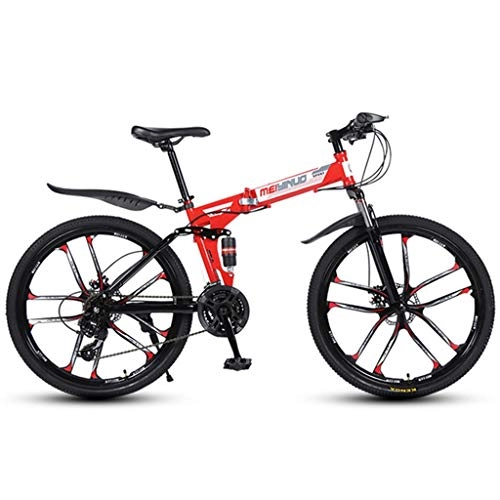 Folding Bike : Dsrgwe Mountain Bike, Folding Mountain Bicycles, Dual Suspension and Dual Disc Brake, MTB Bike (Color : Red, Size : 21-speed)