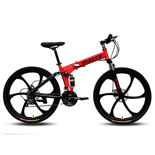 Folding Bike : DULPLAY Dual-suspension Adult Mountain Bike, Men's Disc Brake All Terrain Mountain Bicycle, Folding Mountain Bikes Red 24", 27-speed