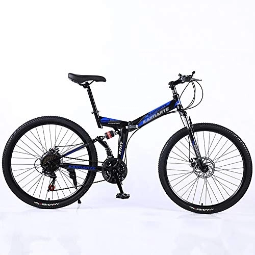 Folding Bike : DULPLAY Steel Frame Dual Suspension Dual Disc Brakes Racing Mountain Bicycle, 26 Inch Adult Mountain Bike, Folding Mountain Bikes Black And Blue 26", 21-speed