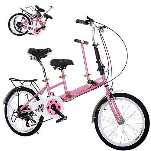 Folding Bike : DYWOZDP Foldable Tandem Bicycle Bike Family Car, High-Carbon Steel Road Leisure Travel Sightseeing Car, 3 Seaters, Load: 100KG, 20 Inch, Pink