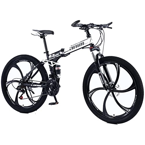 Folding Bike : EASSEN 26" Folding Mountain Bike With Full Suspension High Carbon Steel Frame, 21-Speed Drivetrain, Feature 6 Spoke 24 / 26" Wheels, On or Offroad Bike for Men and Women black white-27