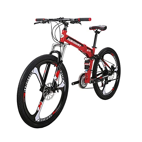 Folding Bike : Eurobike 17inch Adult Folding Bike Steel Frame Mountain Bikes Full Suspension Foldable Bicycle (Red)