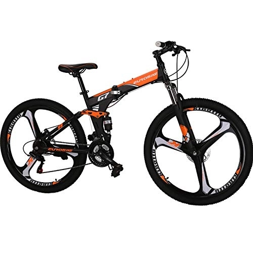 Folding Bike : Eurobike 27.5 inches Full Suspension Folding Mountain Bike 21 Speed Foldable Bicycle Men or Women MTB for Afult (Orange 1)