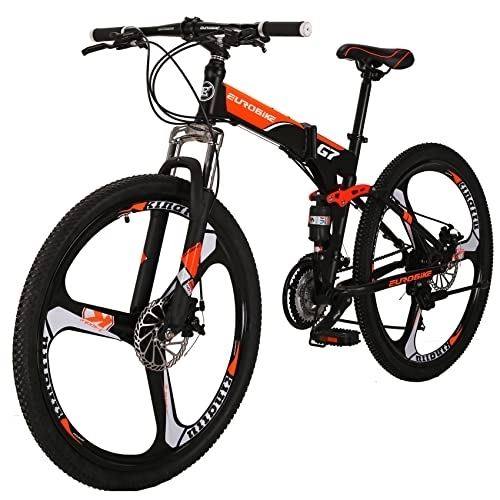 Folding Bike : Eurobike 27.5” Mountain Bike, 21 Speed Hardtail Mountain Bike, 27.5 inch Full Suspension Bike, Mountain Bicycle with Disc Brake for Men or Women, Adults MTB Bikes (G7 Foldable-Orange-3 Spoke)