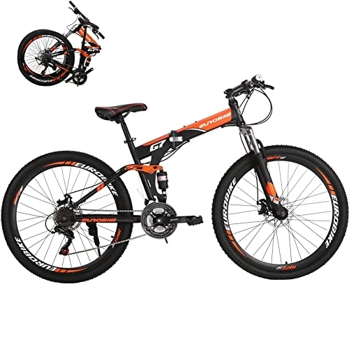 Folding Bike : Eurobike 27.5” Mountain Bike, 21 Speed Hardtail Mountain Bike, 27.5 inch Full Suspension Bike, Mountain Bicycle with Disc Brake for Men or Women, Adults MTB Bikes (G7 Foldable-Orange-32 Spoke)