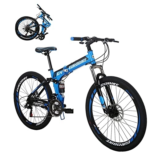 Folding Bike : Eurobike EUG4 Unisex Adult Folding Bike, 21 Speed Full Suspension Mountain Bike, 26 Inch Folding Bicycle with Disc Brake and 17 inch Frame, 3 Colors (Blue)