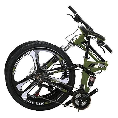Folding Bike : Eurobike EURG4 Mountain Bike 26 Inches 3 Spoke Wheels Dual Suspension Folding Bike 21 Speed MTB ArmyGreen