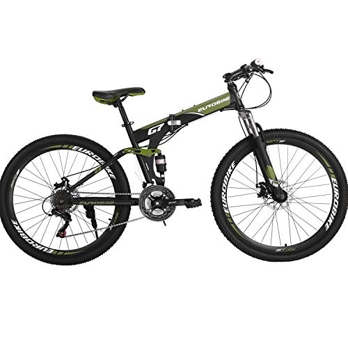 Folding Bike : Eurobike Folding Bike 21 Speed Full Suspension Bicycle 27.5 inch MTB (Armygreen)