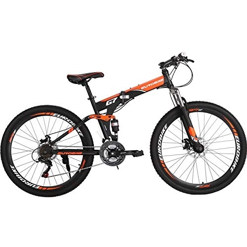 Folding Bike : Eurobike Folding Bike 21 Speed Full Suspension Bicycle 27.5 inch MTB (Orange)