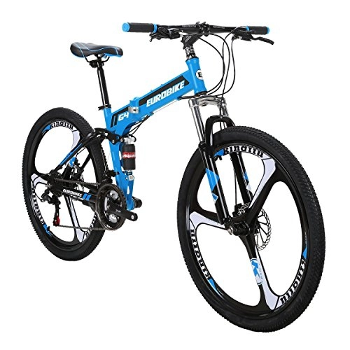 Folding Bike : Eurobike Folding Bike G4 21 Speed Mountain Bike 26 Inches 3-Spoke Wheels MTB Dual Suspension Bicycle (Blue)