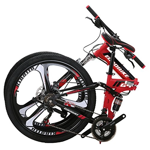 Folding Bike : Eurobike Folding Bike G4 21 Speed Mountain Bike 26 Inches 3-Spoke Wheels MTB Dual Suspension Bicycle (RED)