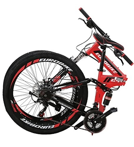 Folding Bike : Eurobike Folding EUG4 Mountain Bike, 21 Speed Full Suspension Bike for Men, 26 Inch Adult Folding Bike, Disc Brake Womens Mountain Bicycle (Red)