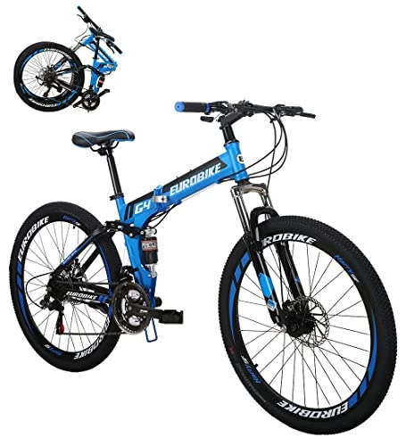 Folding Bike : Eurobike Folding G4 Mountain Bike, 21 Speed Full Suspension Bike for Men, 26 Inch Adult Folding Bike, Disc Brake Womens Mountain Bicycle (Blue)