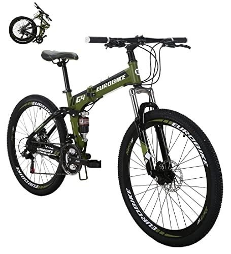 Folding Bike : Eurobike Folding G4 Mountain Bike, 21 Speed Full Suspension Bike for Men, 26 Inch Adult Folding Bike, Disc Brake Womens Mountain Bicycle (Green)