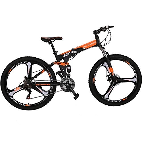 Folding Bike : Eurobike Folding Mountain Bike 21 Speed Full Suspension mtb Daul Disc Brake Bicycle 27.5” mens (Orange)