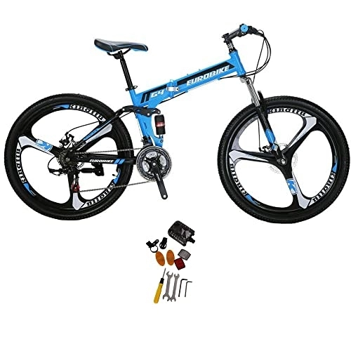 Folding Bike : Eurobike Folding Mountain Bike 26 inch for Men and Women Adult Bicycles 3 Spoke Wheels Bike G4 (blue)