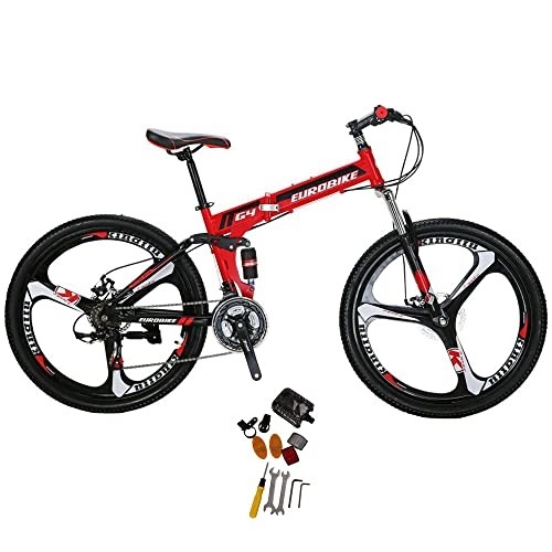 Folding Bike : Eurobike Folding Mountain Bike 26 inch for Men and Women Adult Bicycles 3 Spoke Wheels Bike G4 (red)