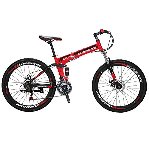 Folding Bike : Eurobike Folding Mountain Bike for Adults Full Suspension Bicycle 26 / 27.5 inch Foldable Bikes for Mens (G4 Red)