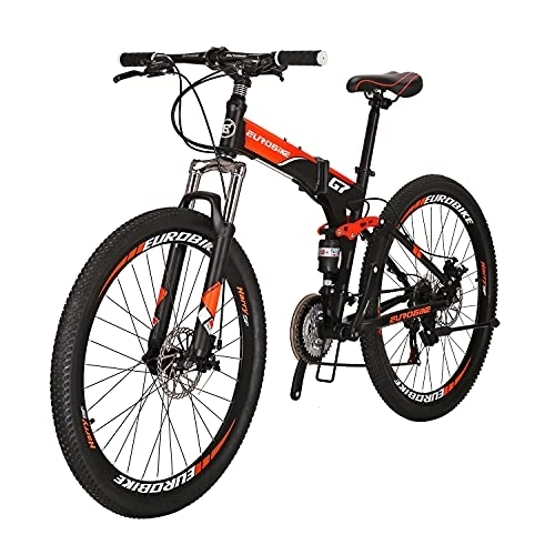 Folding Bike : Eurobike Folding Mountain Bike for Adults Full Suspension Bicycle 26 / 27.5 inch Foldable Bikes for Mens (G7 Orange)