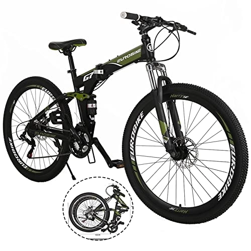 Folding Bike : Eurobike Full Suspension Mountain Bike 27.5 Inch, 21 Speed Shifting Off-road Mountain Bikes / Bicycles for Men / Women 27.5 Inch, Dual Suspension Mountain Bikes for Adults / Youth (G7 Fold-Green)