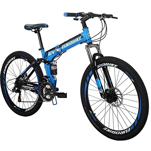 Folding Bike : Eurobike G4 26 Inch Adult Folding Bike, Dual Disc Brake 26 Mountain Bikes for Adults Men or Women, 21 Speed Full Suspension Foldable Mountain Bicycle, (Blue 32 Spoke)