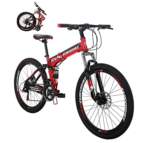 Folding Bike : Eurobike G4 26 Inch Adult Folding Bike, Dual Disc Brake 26 Mountain Bikes for Adults Men or Women, 21 Speed Full Suspension Foldable Mountain Bicycle (Red 32 Spoke)
