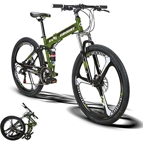 Folding Bike : Eurobike G4 26 Inch Adult Folding Bike, Dual Disc Brake Full Suspension Mountain Bikes for Adults Men or Women, 21 Speed Foldable Mountain Bicycle (ArmyGreen 3 Spoke)