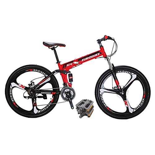 Folding Bike : Eurobike G4 Folding Bike 21 Speed 26 Inches 3 Spoke Wheel Dual Suspension Folding Mountain Bike Red