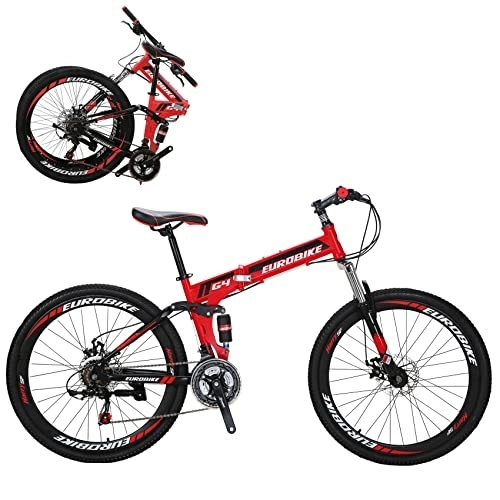 Folding Bike : Eurobike G4 Folding Bike 21 Speed 26 Inches Dual Disc Brakes K Spoke Wheel Mountain Bike for Adult (SPOKE-RED)
