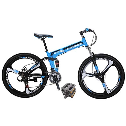 Folding Bike : Eurobike G4 Folding Bike 26 Inches 3 Spoke Wheel 21 Speed Dual Suspension Folding Mountain Bike Blue