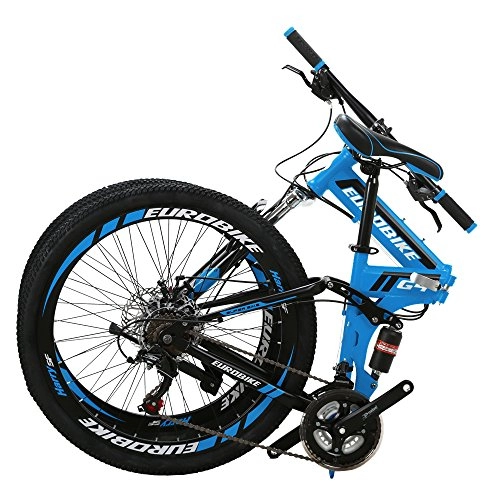 Folding Bike : Eurobike G4 Folding Bike 26 Inches Muti Spoke Wheel 21 Speed Dual Suspension Folding Mountain Bike Blue