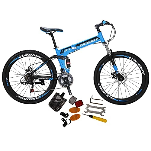Folding Bike : Eurobike G4 Mountain Bike 21 Speed 26 Inches Wire Spoke Wheel Dual Suspension Folding Bike Blue