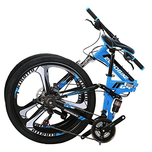 Folding Bike : Eurobike G4 Mountain Bike 21 Speed Steel Frame 26 Inches Wheels Dual Suspension Folding Bike Blue