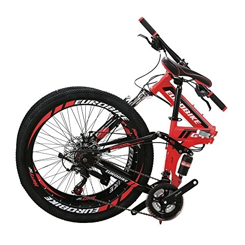 Folding Bike : Eurobike HY G4 26 Inch Folding Mountain Bike, 21 Speed Full Suspension MTB Foldable Bicycle, Dual Disc Brake Folding Bikes for Adults Men and Women (G4 32 Spoke Red)