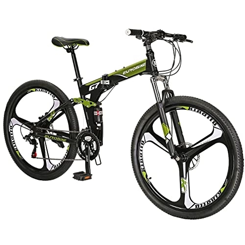 Folding Bike : Eurobike HY G7 Adult Folding Mountain Bike, Dual Suspension Mountain Bikes with 27.5 Inches 3-Spoke Wheel, 21 Speed Mens and Womens Foldable Mountain Bicycle Green