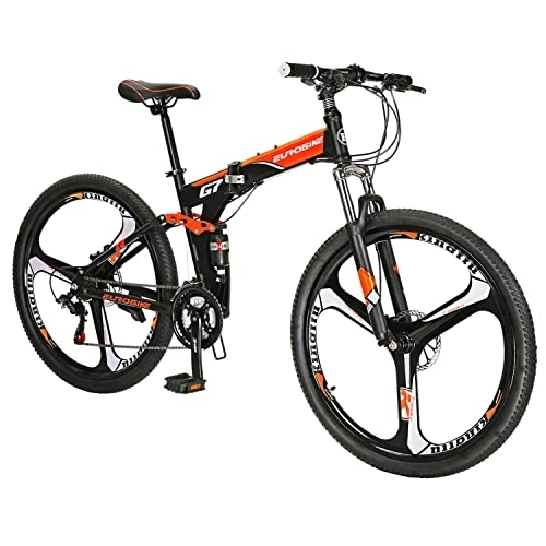 Folding Bike : Eurobike HY G7 Dual Suspension Folding Mountain Bikes, 27.5 Inches 3-Spoke Wheel Fold Up Mountain Bike, 21 Speed Adult Folding Bicycle BlackOrange