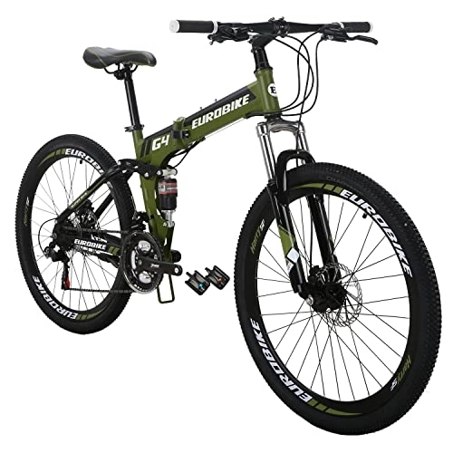 Folding Bike : Eurobike HYG4 Folding Bike 26 Inches Muti Spoke Wheel 21 Speed Dual Suspension Youth / Adult Folding Mountain Bike Armygreen