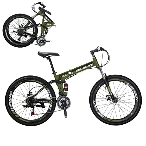 Folding Bike : Eurobike JMC G4 Adult 26 Inches Folding Mountain Bike 21 Speed MTB Bike Disc Brake Bicycle (ArmyGreen spoke wheel)