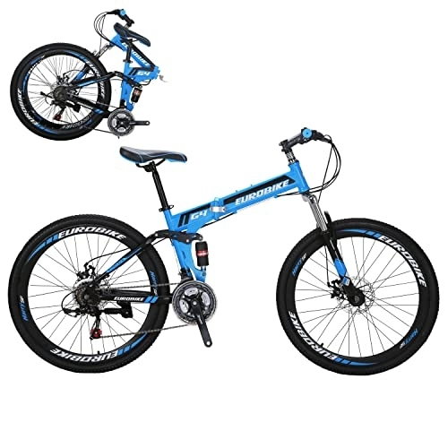 Folding Bike : Eurobike JMC G4 Adult 26 Inches Folding Mountain Bike 21 Speed MTB Bike Disc Brake Bicycle (Blue spoke wheel)