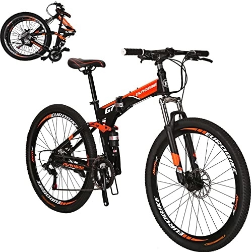 Folding Bike : Eurobike Mountain Bike，Dual Suspension Folding Mountain Bikes, 21 Speed Foldable Frame, 27.5-inch full suspension Bicycle For Men or Women (Aluminum wheel Orange)