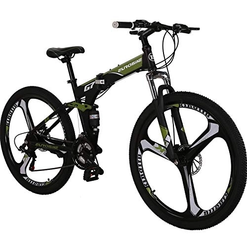 Folding Bike : Eurobike Mountain Bike，Dual Suspension Folding Mountain Bikes, 21 Speed Foldable Frame, 27.5-inch full suspension Bicycle For Men or Women (K wheel Green)