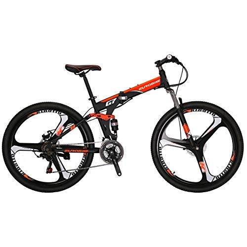 Folding Bike : Eurobike Mountain Bike G7 21 Speed 27.5 Inches 3-Spoke Wheel Dual Suspension Folding Bike Dual Disc Brake MTB Bicycle Black Orange