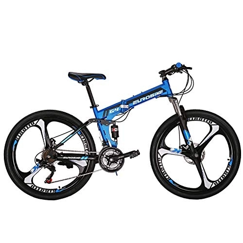 Folding Bike : Eurobike OBk G4 Folding Mountain Bike 21 Speed Bicycle Full Suspension MTB Foldable Frame 26” 3 Spoke Wheels (Blue)