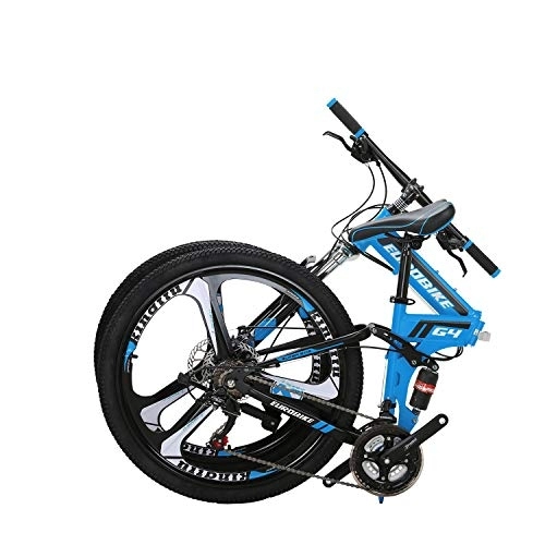 Folding Bike : Eurobike OBk G4 Folding Mountain Bike 21 Speed Bicycle Full Suspension MTB Foldable Frame 26” 3 Spoke Wheels (Blue) …