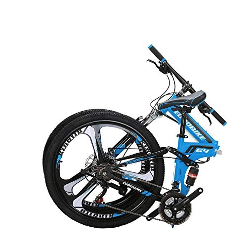 Folding Bike : Eurobike OBk G4 Folding Mountain Bike 21 Speed Bicycle Full Suspension MTB Foldable Frame 26" 3 Spoke Wheels (Blue)